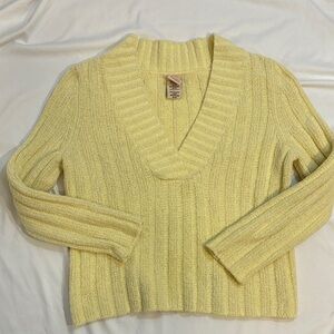 Y2K Butter Yellow + Metallic Gold V Neck Chunky Chenille Sweater, Medium